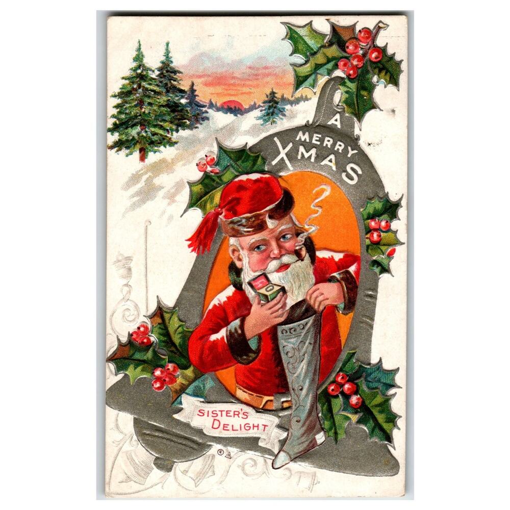 Vintage Santa Claus Christmas Delight Series Embossed Postcard Circa 1900s